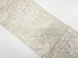 アンティーク　プラチナ箔九百錦　向かい鴛鴦に孔雀・草花模様織り出し袋帯（材料）